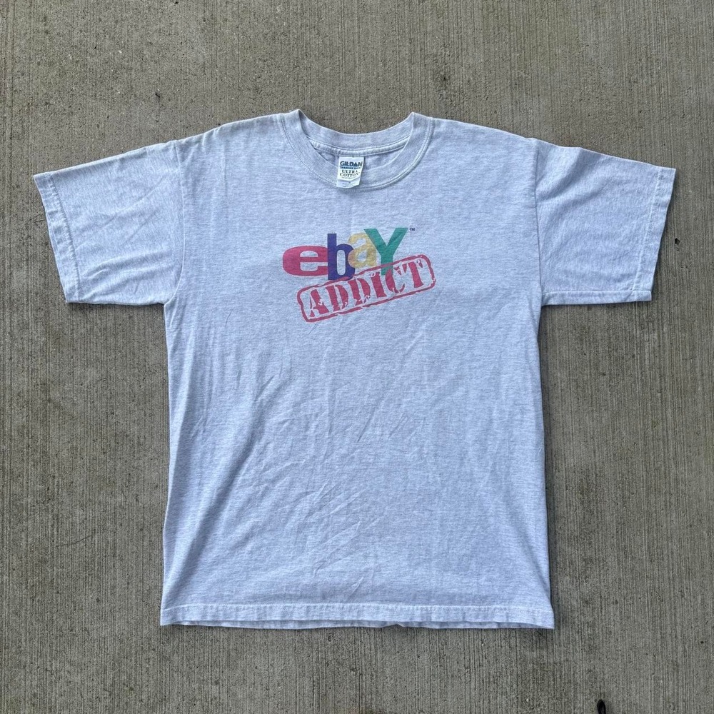 Vintage 2000s eBay Addict T Shirt Mens Large Grey Y2K Tech Promo Gildan Tee